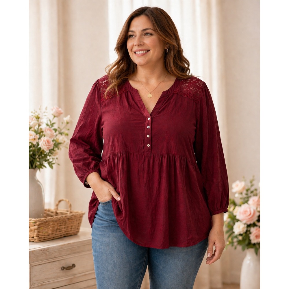 Roz & Ali Henley Blouse Women 1X Burgundy Lace Boho Crochet Top